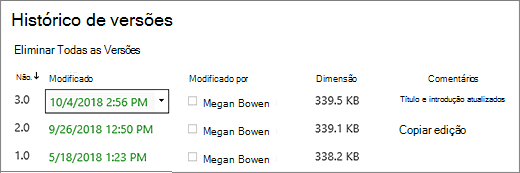 Caixa de diálogo Histórico de Versões com 3 versões.
