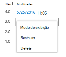 Opções do histórico de versões (ver, restaurar, eliminar)