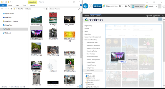 Captura de ecrã a mostrar o SharePoint e o Explorador do Windows lado a lado, ao utilizar a tecla Windows e as teclas de seta.