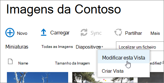 Barra de vista da biblioteca de imagens com a opção Modificar Vista selecionada