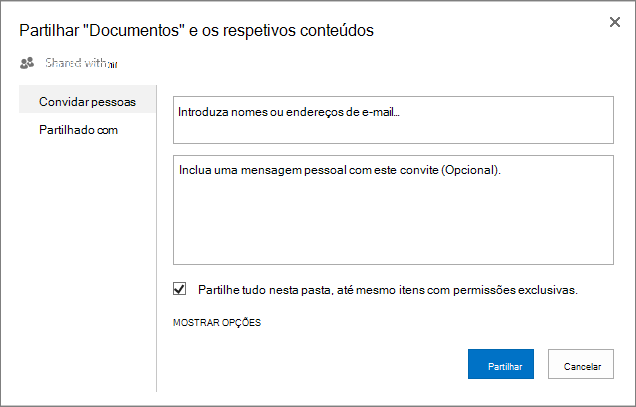 Caixa de diálogo Partilhar