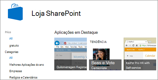 Vista da seleção de aplicações da Loja SharePoint