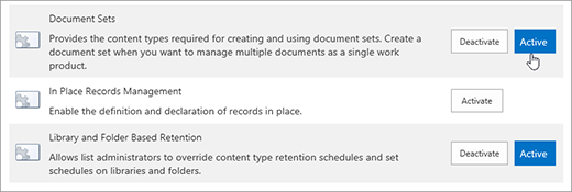 Exemplos das funcionalidades da Coleção de Sites que pode tornar ativas para o SharePoint