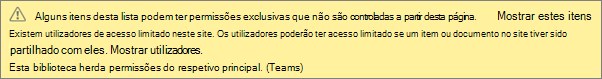 Imagem a mostrar a mensagem para permissões exclusivas para uma lista ou biblioteca