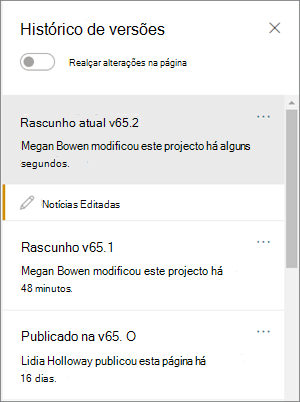 Painel Histórico de versões