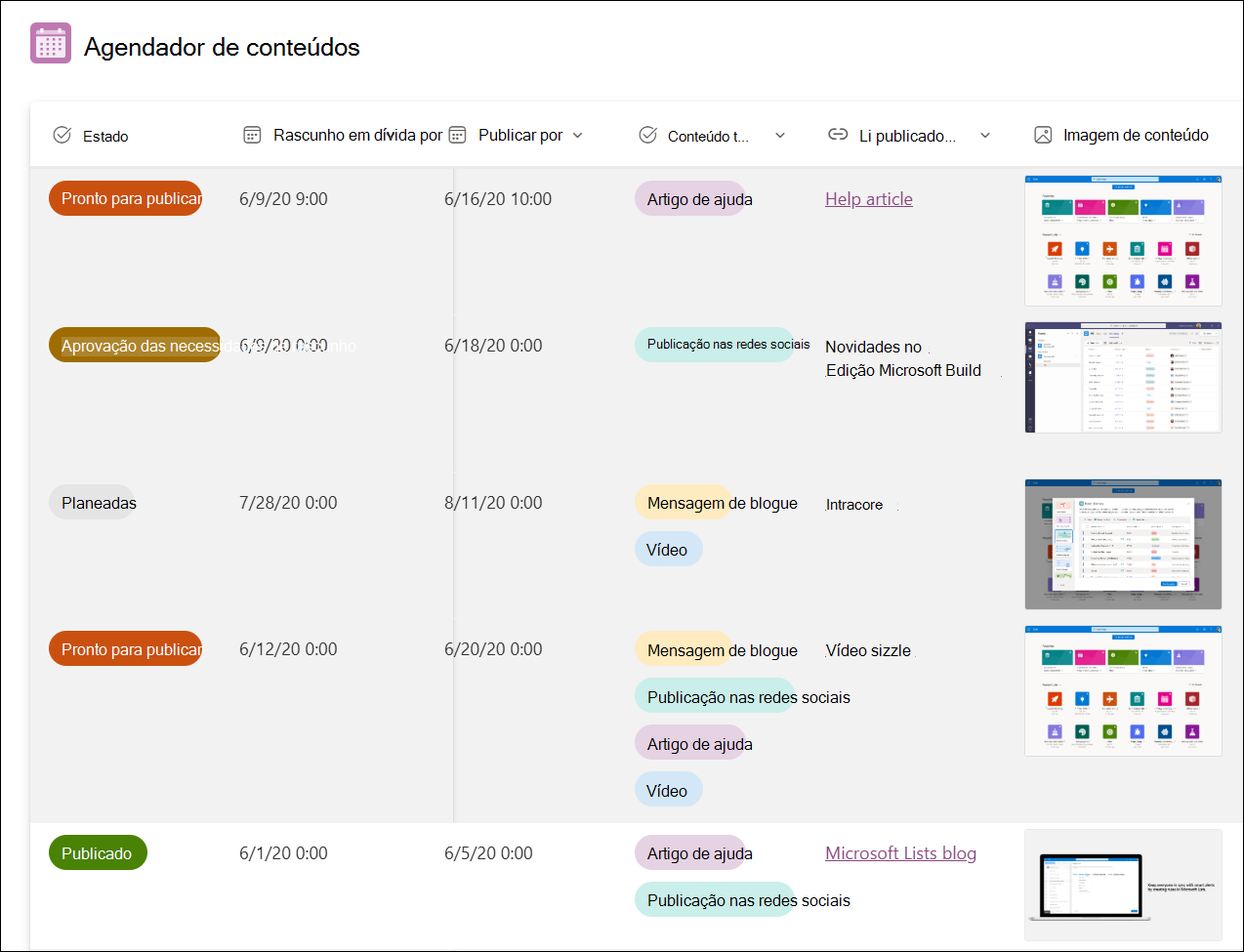 captura de ecrã do modelo de exemplo do agendador de conteúdos