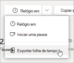 A opção Exportar folha de horas em Turnos para exportar o relatório de folha de horas do teams.