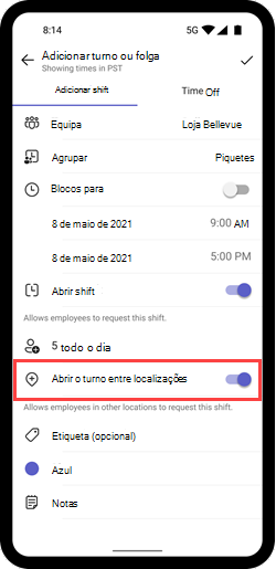 Captura de ecrã a mostrar o botão de alternar Abrir shift entre localizações para um turno em dispositivos móveis.