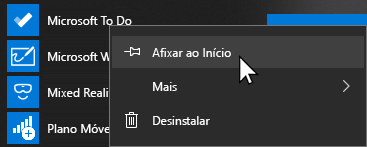 Menu de contexto para o Microsoft To Do abrir e Afixar em início selecionado
