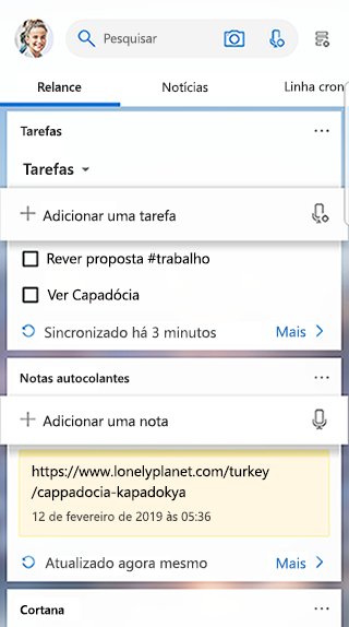Captura de ecrã a mostrar o cartão de Tarefas no Feed do Iniciador