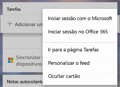 Captura de ecrã a mostrar a opção para Iniciar sessão com a Microsoft ou Office 365 no menu mais do cartão de Tarefas