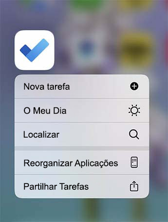 O menu de Ação Rápida To Do está aberto com as opções para adicionar Nova tarefa, adicionar a O Meu Dia ou Localizar uma tarefa