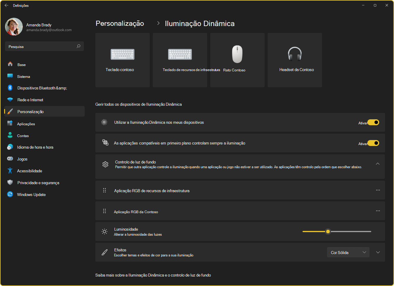 Captura de ecrã da página Definições - Iluminação Dinâmica.