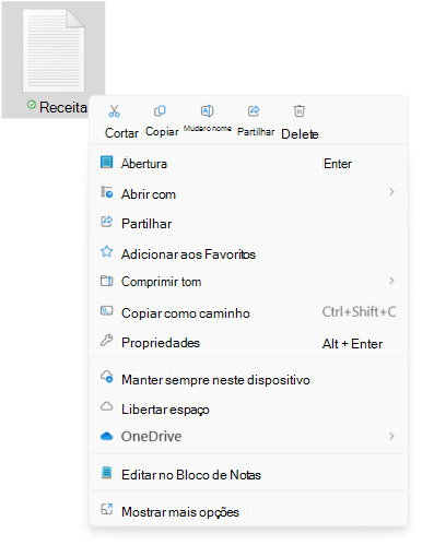 Captura de ecrã do menu contextual do ficheiro a mostrar as novas opções de cortar/copiar/mudar o nome/partilhar/eliminar.