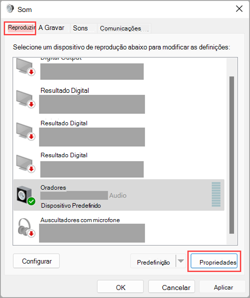 Aceda às propriedades do dispositivo de saída de áudio nas Definições de Som do Windows 11.
