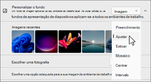 Captura de ecrã a mostrar como personalizar o ambiente de trabalho e ajustar as opções de imagem.