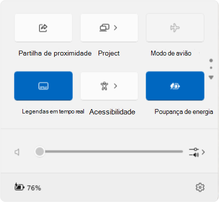 Captura de ecrã das definições rápidas mostrando a Legenda em tempo real e os elementos de deslocação.