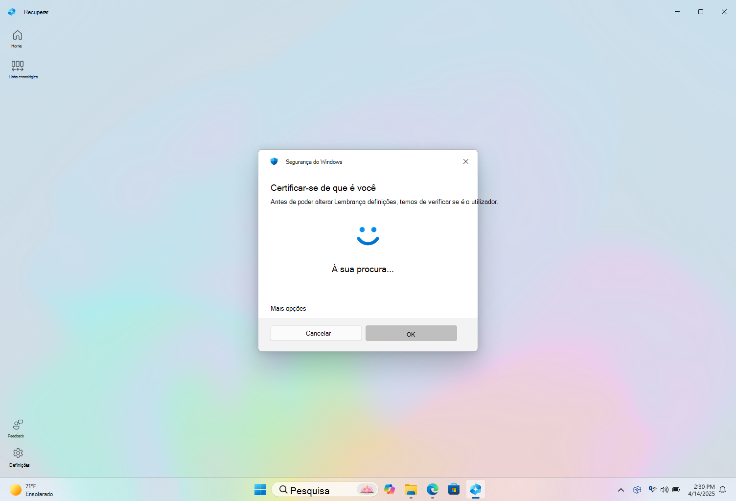 Captura de ecrã a mostrar a autenticação no Recall com Windows Hello