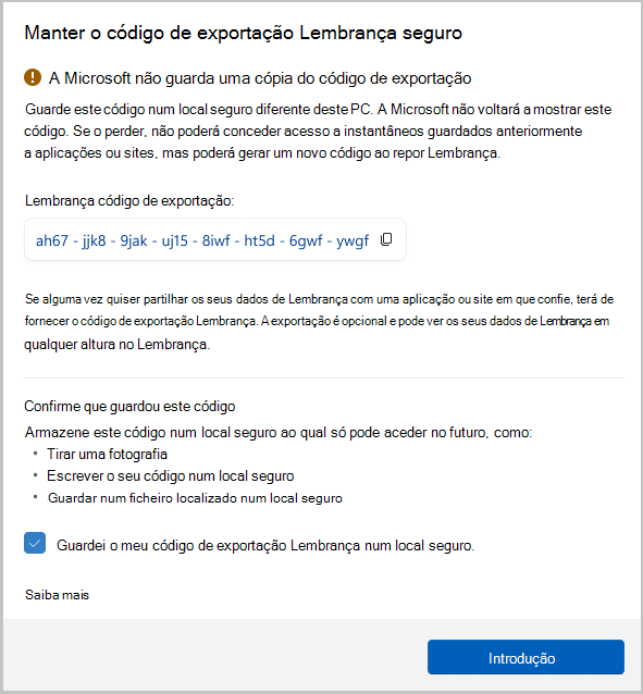 Captura de ecrã do código de exportação para Revocação