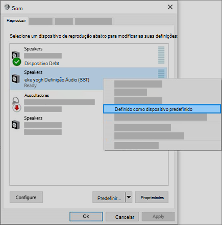 predefinir o dispositivo de áudio