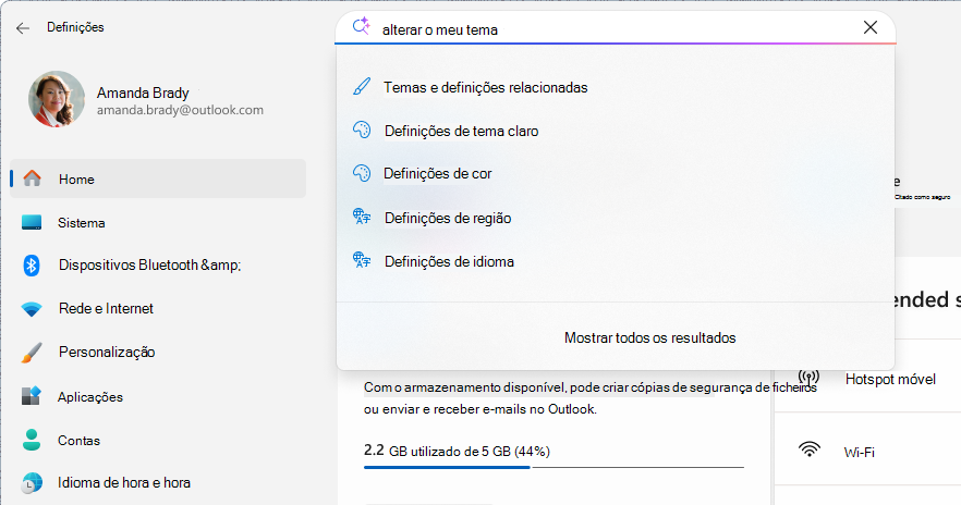 Captura de ecrã de uma pesquisa nas definições.