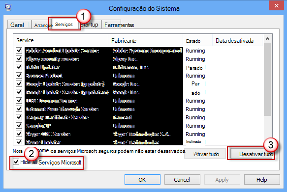 Configuração do Sistema – Separador Serviços – Caixa de verificação Ocultar todos os serviços Microsoft selecionada – Desativar tudo
