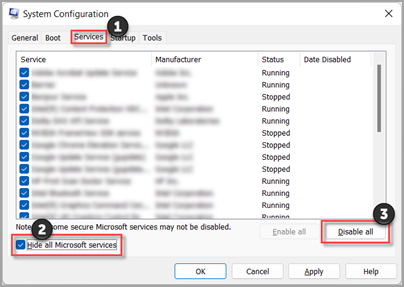 O separador Serviços na Configuração do Sistema no Windows 11.