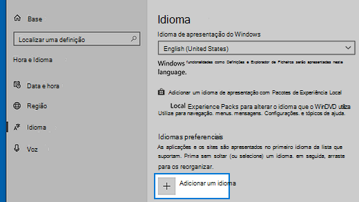 Definições de idioma no Windows 10