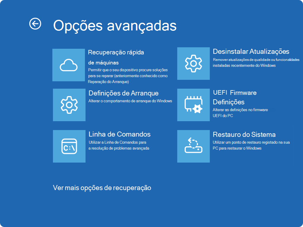 Captura de ecrã a mostrar Windows RE a mostrar opções avançadas e a nova entrada QMR.