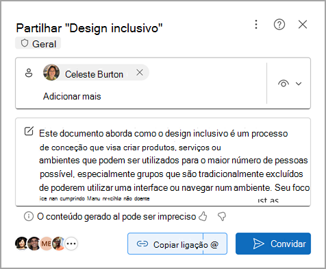 Partilhar um documento Word com um resumo criado por Copilot no Microsoft Word para a Web.