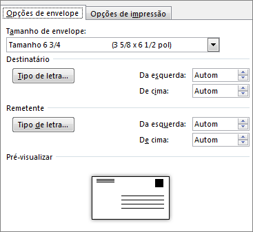 Separador Opções de envelope para definir o tamanho do envelope e os tipos de letra dos endereços