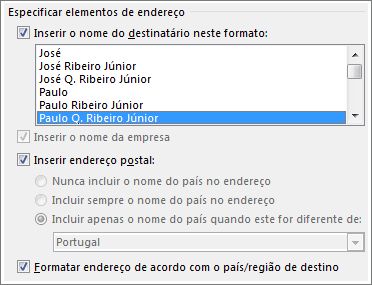 Opções do bloco de endereços