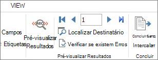 Captura de ecrã a mostrar o separador Correio no Word e o grupo Pré-visualizar Resultados.