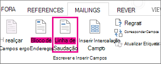 Captura de ecrã a mostrar o separador Correio no Word, com o comando Saudação realçado.
