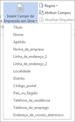 Menu Inserir Campo de Impressão em Série nos campos disponíveis