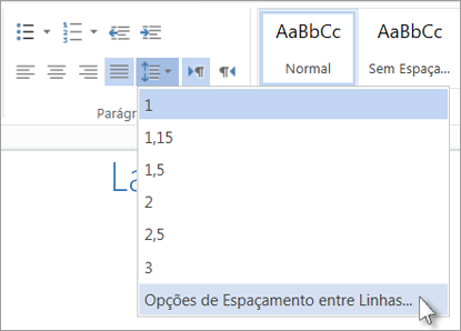 Menu de espaçamento entre linhas no Word Web App