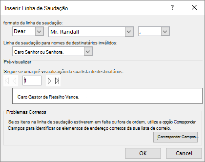 Caixa de diálogo Linha de saudação