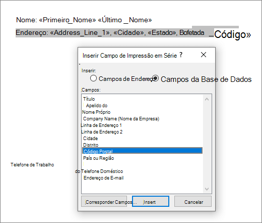 Menu Inserir campos de impressão em série