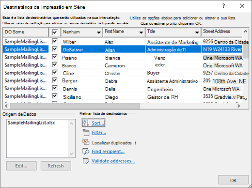 Caixa de diálogo Editar destinatários