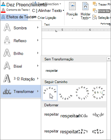 Selecionar um efeito de texto de transformação curvado
