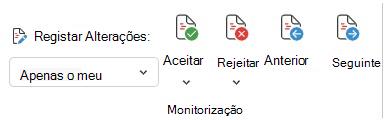 Menu para registar alterações no Word Web