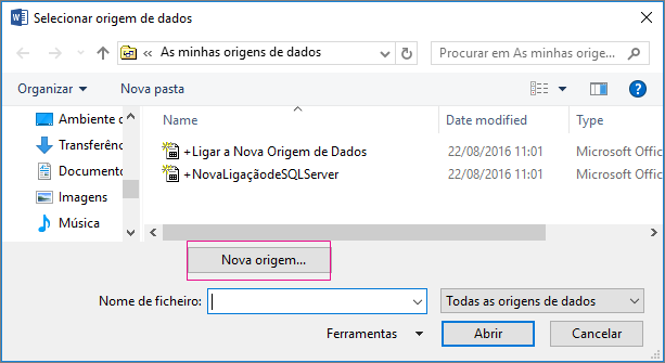 origem de dados para impressão em série