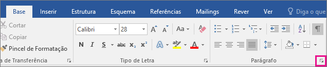 A seta para abrir a caixa de diálogo Parágrafo é realçada no separador Base.