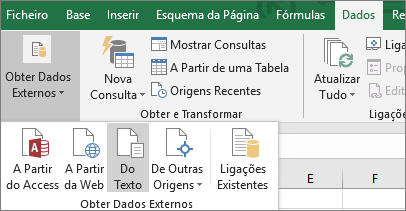 A opção A Partir de um Ficheiro de Texto está realçada no separador Dados.
