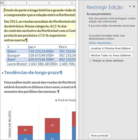 As opções de edição são mostradas no painel Restringir Edição.