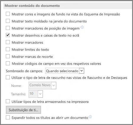 Word 2013 show document content options