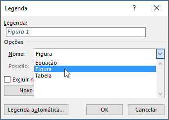 Utilize a caixa de diálogo das legendas para definir opções para as legendas da sua figura, tabela ou equação.