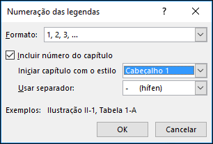 Utilize a caixa de diálogo de numeração de legendas para adicionar números de capítulo a legendas.