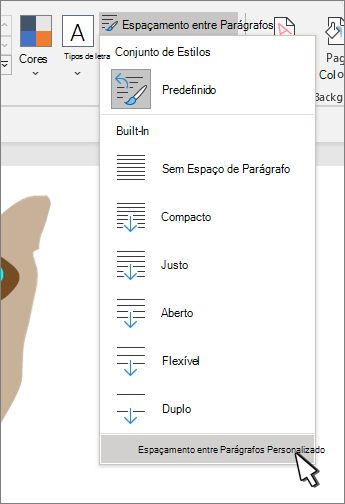 Espaçamento entre parágrafos personalizado selecionado