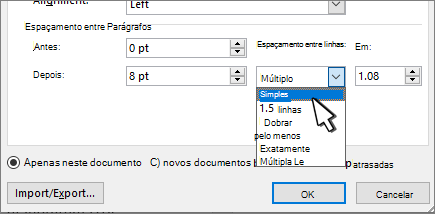 Espaçamento único personalizado selecionado